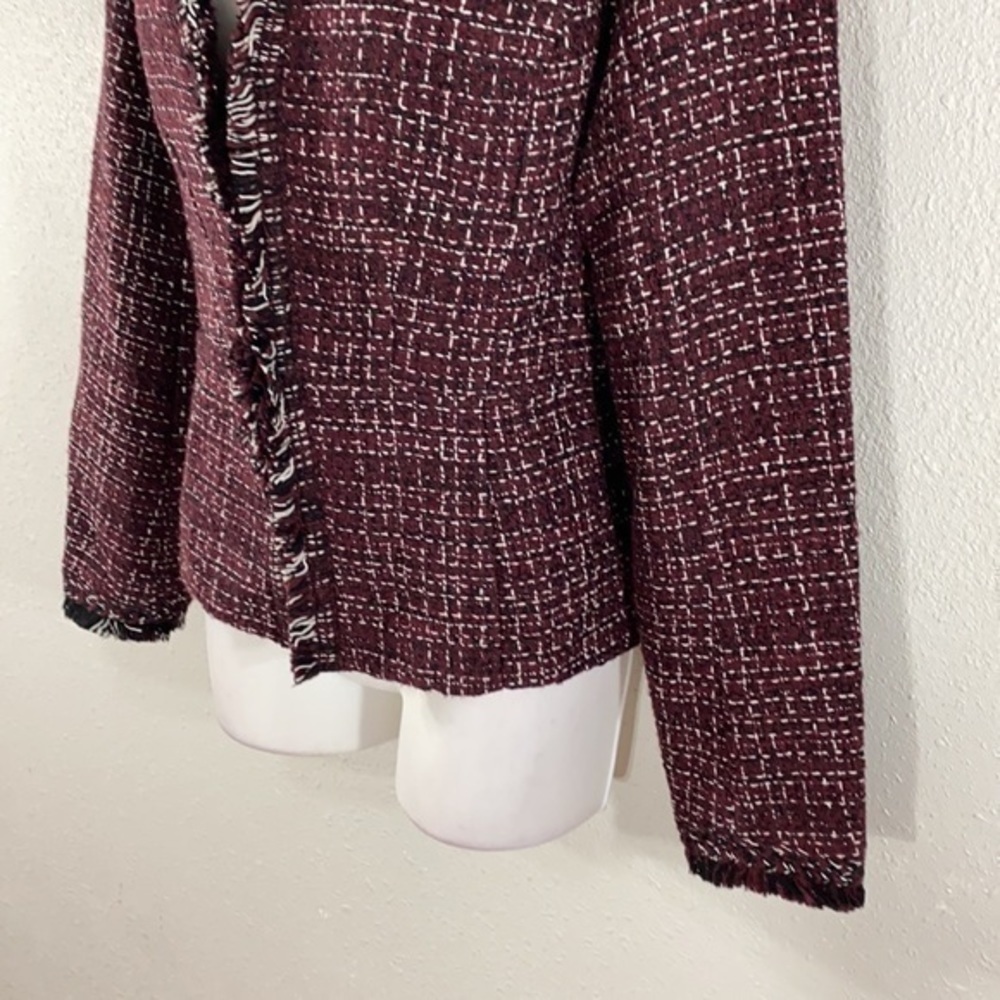 WHBM burgundy white black tweed peplum fringe jacket - Picture 10 of 15